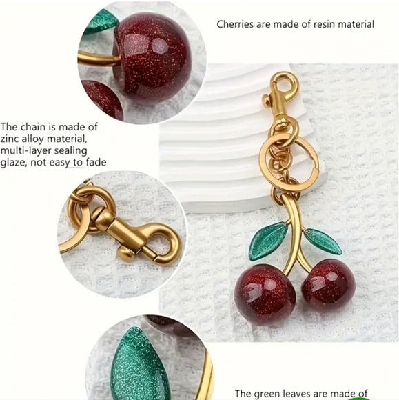 Glittery Cherry and Leaves Keychain Nag Charm - Picture 3 of 4